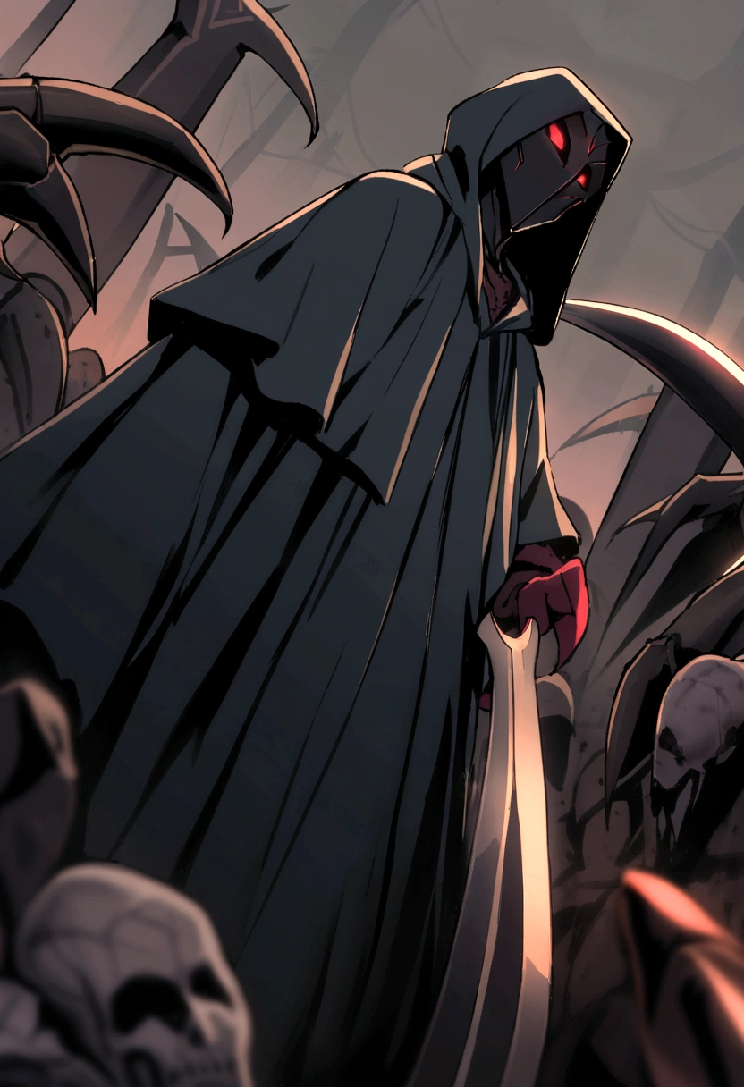Executioner Demon, long blade claws, (soulless hood), simple black robe, tall and lanky body, Pile of corpses background, eerie, dark, oblique angle, closeup, Grusel