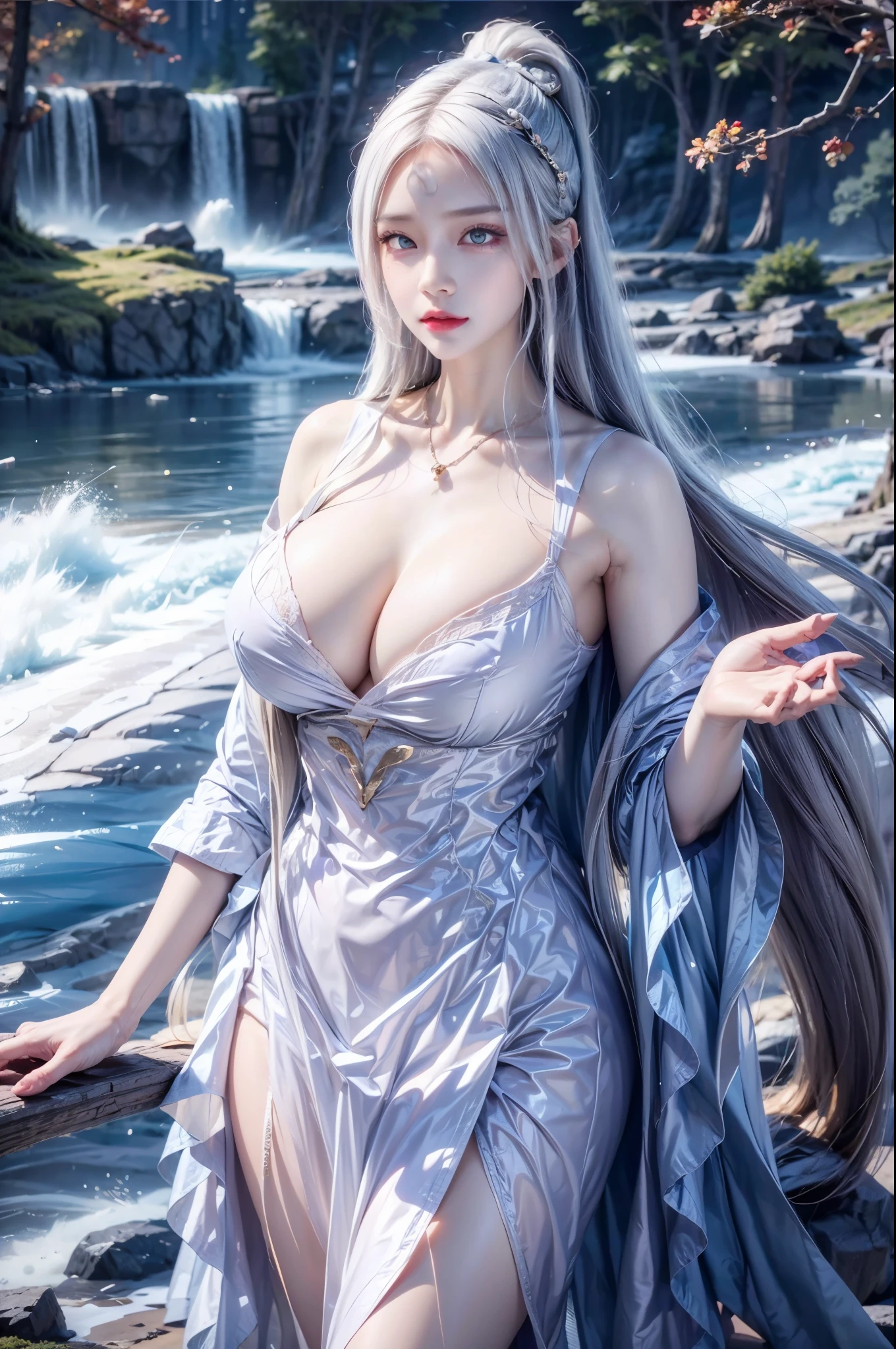 realistic, 1 women, best quality, 12k, HD, long hair, big round breasts, cleavage, ponytail, necklace, jewelry, shorts, short jacket, slim hips, hair tie, yellow eyes, black hair, super detailed, Eye details, hair details, person details, mouth details, face details, breast details, clothes details, hair details, pants details, hand details, whole body