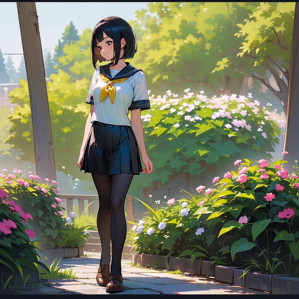 (Highest quality, High resolution, Super detailed, Realistic:1.37), Peaceful atmosphere, (Outdoor, garden), Teenage girl standing alone,(my breasts are big.),Beautifully detailed features, Cute Smile, ((Black bob hair)),Short-sleeved sailor uniform, Pleated skirt,Black tights,Brown leather shoes.