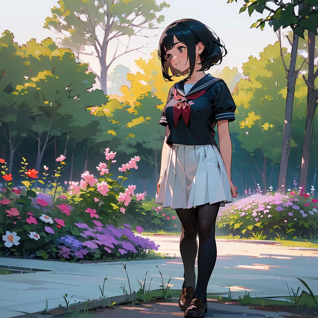 (Highest quality, High resolution, Super detailed, Realistic:1.37), Peaceful atmosphere, (Outdoor, garden), Teenage girl standing alone,(my breasts are big.),Beautifully detailed features, Cute Smile, ((Black bob hair)),Short-sleeved sailor uniform, Pleated skirt,Black tights,Brown leather shoes.