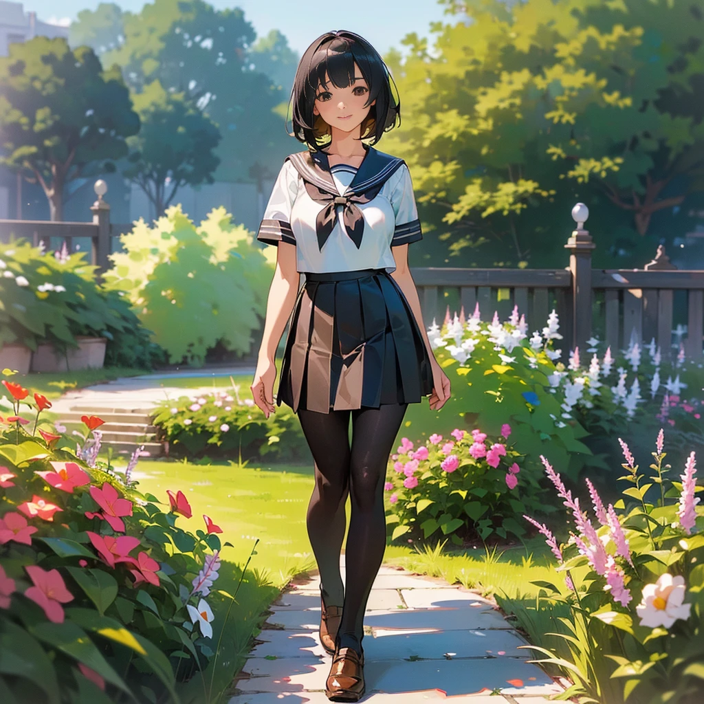 (Highest quality, High resolution, Super detailed, Realistic:1.37), Peaceful atmosphere, (Outdoor, garden),  girl standing alone,(my breasts are big.),Beautifully detailed features, Cute Smile, ((Black bob hair)),Short-sleeved sailor uniform, Pleated skirt,Black tights,Brown leather shoes.