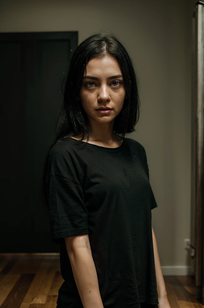 A black-haired girl a little messy her black hair, crying eyes, teary green eyes, tirada en el wooden floor, wooden floor, fine facines, large eyes, green look, scary face, his body covered by a black shirt, wearing a black shirt, in the background a dark room, a night room,pale skin, pale skin, detailed, better quality, tears come out of her green eyes, dark room, dark room
