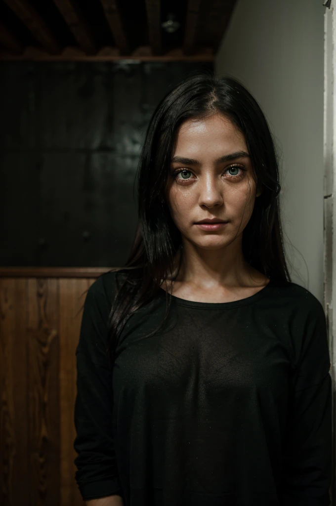 A black-haired girl a little messy her black hair, crying eyes, teary green eyes, tirada en el wooden floor, wooden floor, fine facines, large eyes, green look, scary face, his body covered by a black shirt, wearing a black shirt, in the background a dark room, a night room,pale skin, pale skin, detailed, better quality, tears come out of her green eyes, dark room, dark room