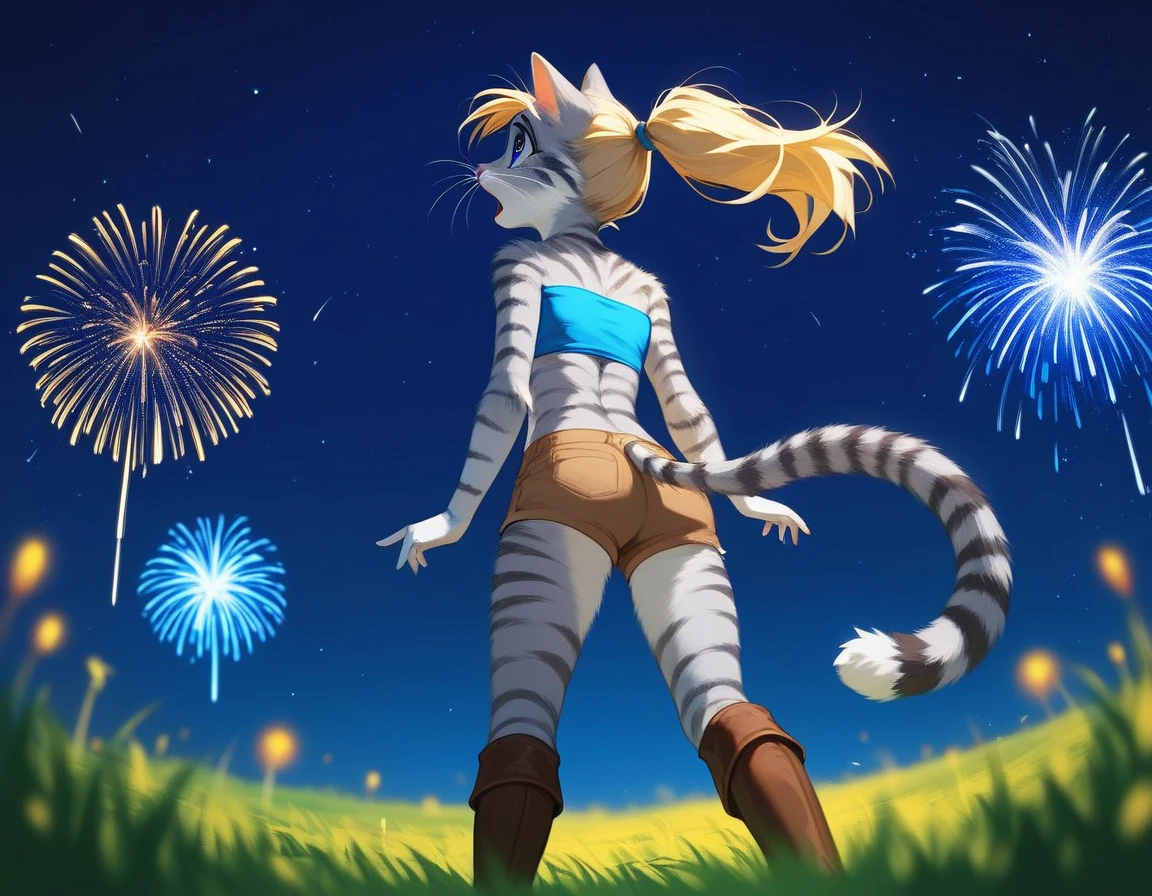 Solo, score_9,score_8_up,score_7_up, source_furry, kat, Anthro furry feline, big blue sparkling eyes, blonde hair, (ponytail hair), pink nose, :3, white whiskers, silver fur with grey stripes, furry body, wearing solid blue bandeau, brown short shorts, brown boots, neutral standing position, hands to her sides, standing, curious expression, looking up at the sky, on a grassy field, mouth open, :o, rear view, low angle shot, many fireworks in the night sky, night time