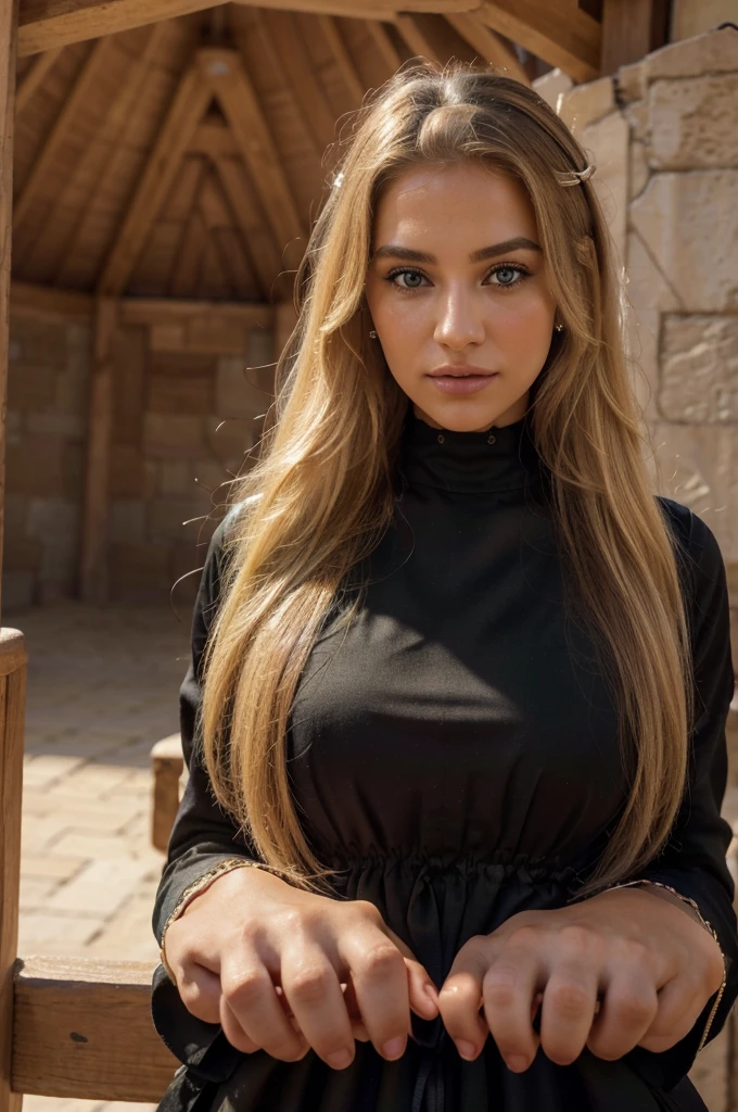 a beautiful blonde woman, beautiful golden blonde hair, detailed eyes, beautiful detailed lips, extremely detailed face, long eyelashes, in the country of Egypt, wearing a long black arab dress which goes to her feet, (best quality,4k,8k,highres,masterpiece:1.2),ultra-detailed,(realistic,photorealistic,photo-realistic:1.37),HDR,UHD,ultra-fine painting,sharp focus,physically-based rendering,extreme detail description,professional,vivid colors,bokeh,portrait, vue sur les pyramides en arrière plan, photo prise par un photographe, le cheveux porter par le vent, les mains derrière le dos