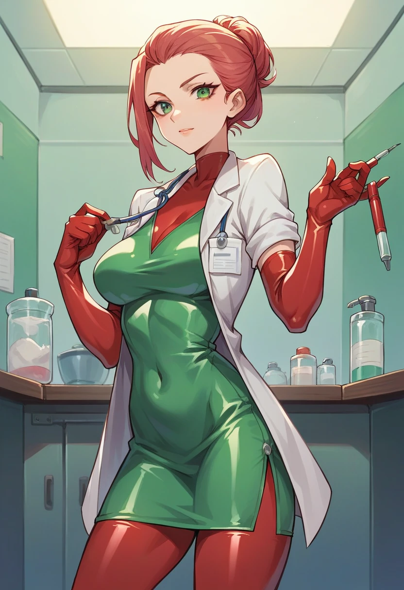 1girl, ((red elbow gloves)), ((surgical gloves)), ((latex gloves)), ((long sleeves)) ((green surgeon outfit)), looking at viewer, ((doctor)), standing, solo
