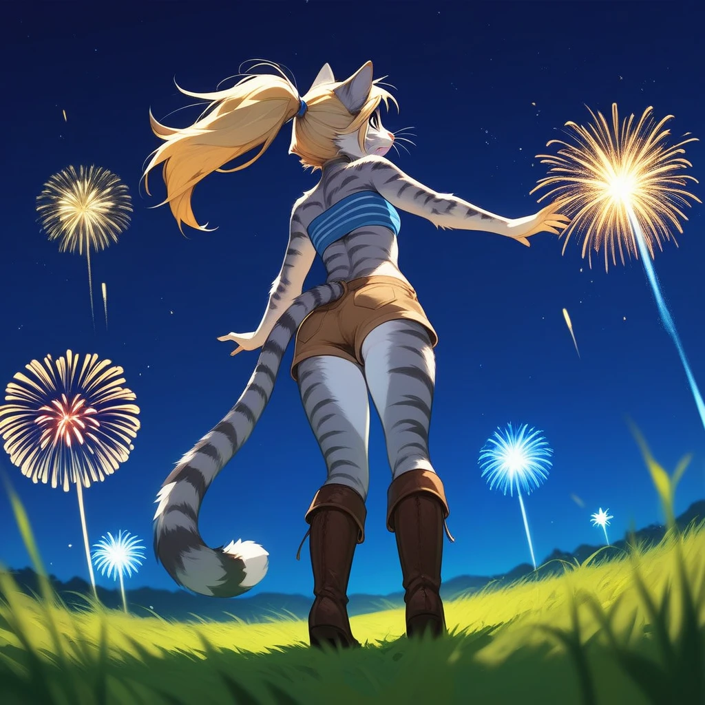 Solo, score_9,score_8_up,score_7_up, source_furry, kat, Anthro furry feline, big blue sparkling eyes, blonde hair, (ponytail hair), pink nose, :3, white whiskers, silver fur with grey stripes, furry body, wearing solid blue bandeau, brown short shorts, brown boots, neutral standing position, hands to her sides, standing, curious expression, looking up at the sky, on a grassy field, mouth open, :o, rear view, low angle shot, many fireworks in the night sky, night time