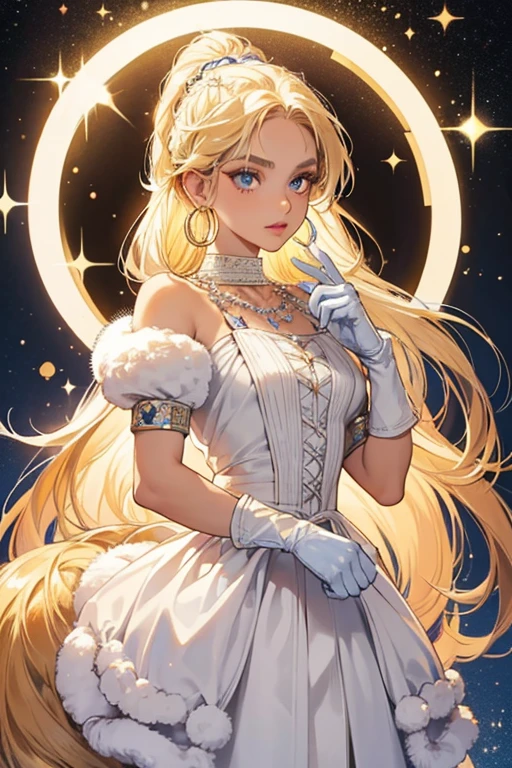 She is a tanned skinned girl with a thin build and has blue eyes, blonde hair and brown eyebrows. Her hair is stylized into long locks with two mini braids in front.
She wears a white sparkly dress with gloves and fur, along with a few chain necklaces and hoop earrings with dangly details. Her tail is a glittery transparent type. SPARKLE; GLITTER