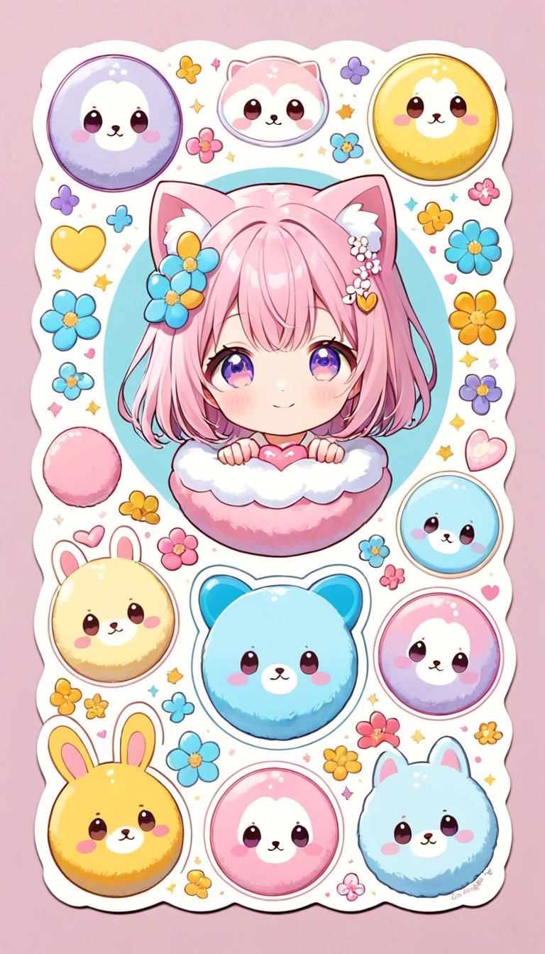 Cute stickers, Big round little animal, Sparkling eyes and a kind smile. soft, Pastel fur. Small creatures、Dainty, Heart-shaped flowers in complementary pastel colors, Enhance the overall appeal of the sticker.The white background、It provides the perfect canvas for these adorable creatures., The pastel color features are eye-catching、Eye-catching. The sticker designs exude a warm and playful energy., Adds a lovely accent to any piece.