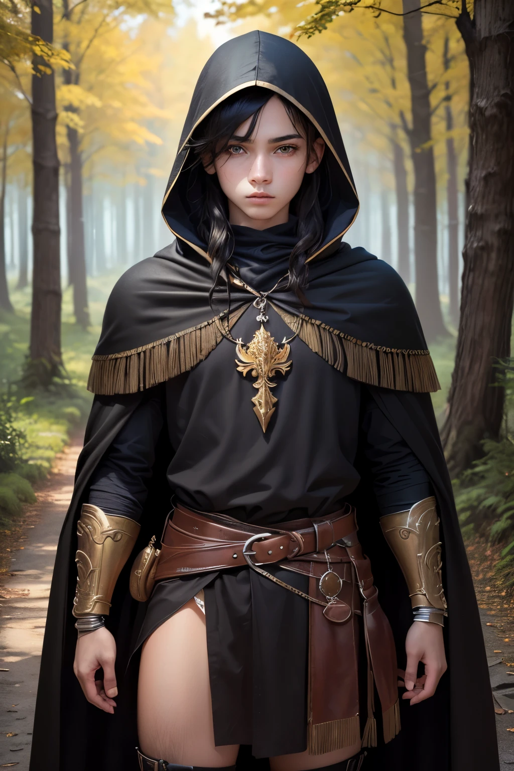 ((best quality)), ((masterpiece)), (detailed), Prize-winning works, with incredible details, maximum textures and details, mantea ,1 A age man warrior adventurer dark black black clothes, mantea negro, Black Hood, long black hair ,fully body (10 year old man:1.1,detailedeyes, face detailed, whole body:1.1,the background is a forest ),(best qualityer:1.2,ultra detali:1.1,realisitic:1.37),stone medieval ancient city ,eyeshadows,hidden identity,sharp focus,swirly vibrant colors,), (twilight), 8K