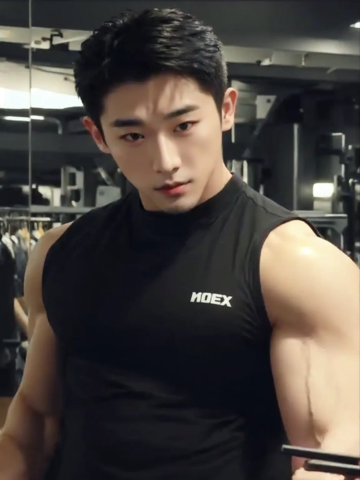 Asian man arafed in a gym with a cell phone, Korean muscle boy 30 years old, cai xukun, tight black t-shirt, jinyoung shin, south korean man, lee wonbin, medium shot of a handsome man, who is siwoo, shaxi, hyung tae, hong june hyung, Shiny from the rain, muscular!!, jinyoung shin aesthetic monstax wonho, wonho 