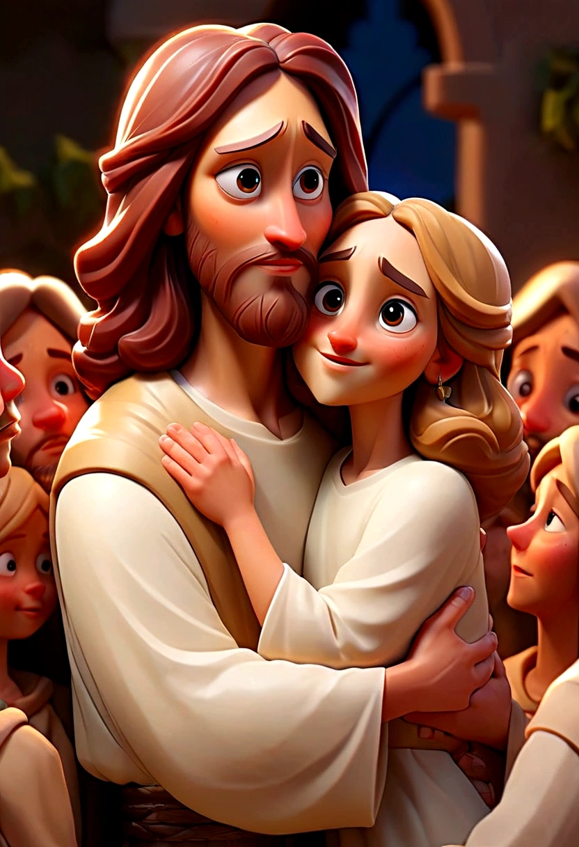 create a cartoon of jesus hugging people