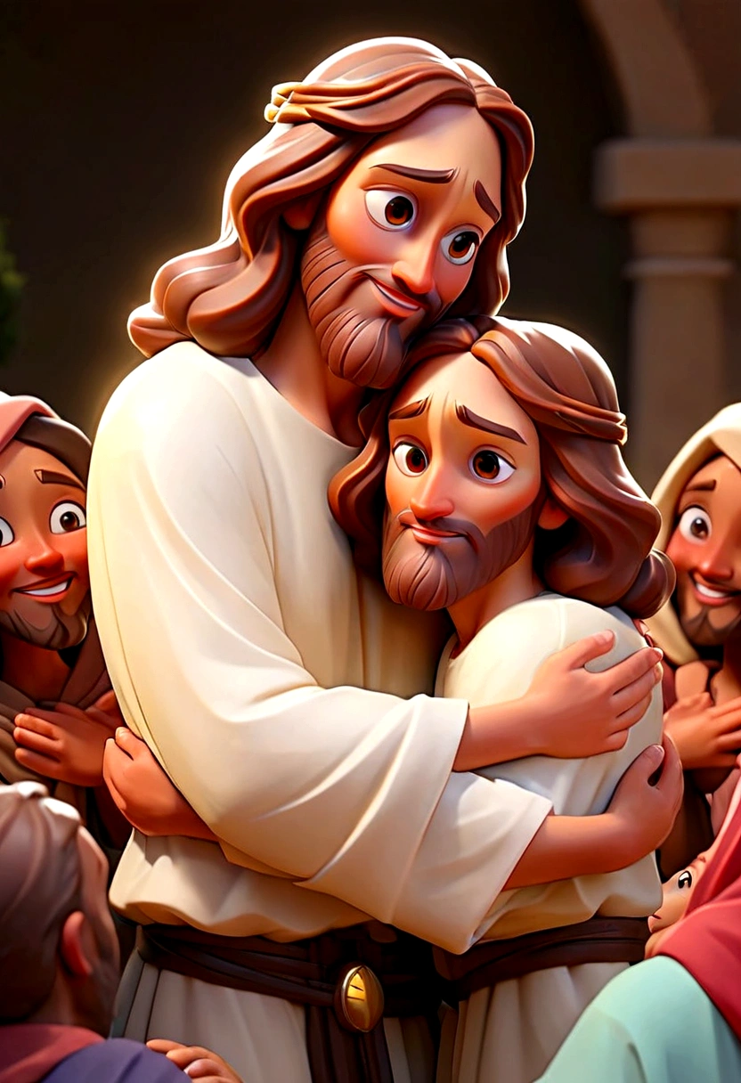 create a cartoon of jesus hugging people
