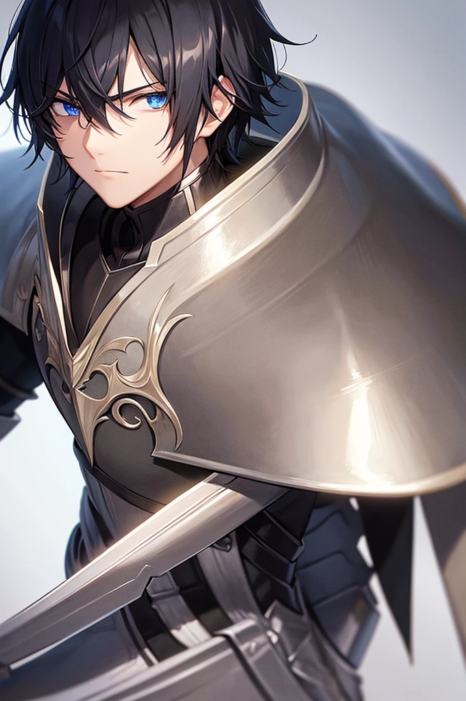 A Male in Knight Armor Staring with a blank expression, Black Hair, Blue Eyes, Blank Background, Best Quality,