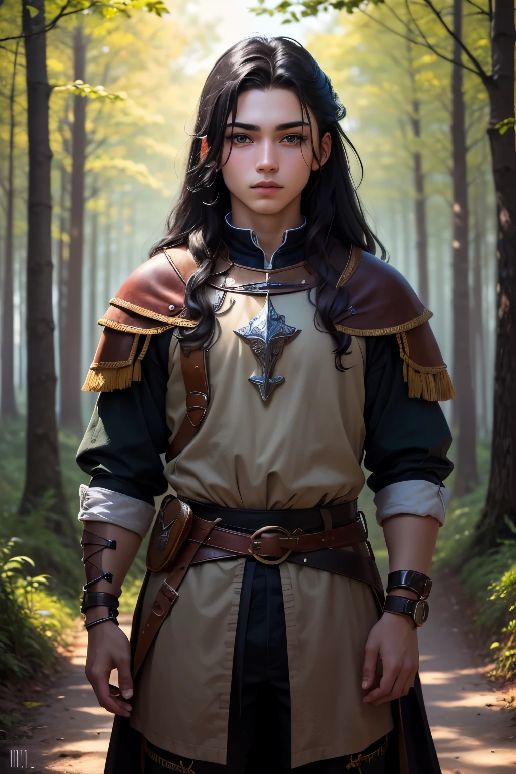 ((best quality)), ((masterpiece)), (detailed), Prize-winning works, with incredible details, maximum textures and details, mantea ,1 Um homem adolescente guerreiro aventureiro ranger medieval mantea medieval verde claro, mantea verde, long black hair ,fully body (10 year old man:1.1,detailedeyes, face detailed, whole body:1.1,the background is a forest ),(best qualityer:1.2,ultra detali:1.1,realisitic:1.37),stone medieval ancient city ,eyeshadows,hidden identity,sharp focus,swirly vibrant colors,), (twilight), 8K