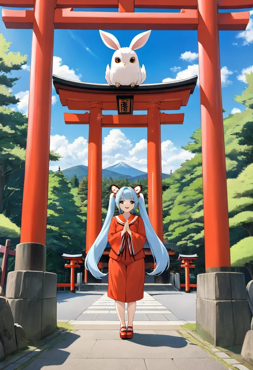 Squirrels and rabbits、white owl flying、Light blue long hair、Beautiful girl with twin tails、Red Torii Gate、A girl prays at a shrine in a forest of fresh greenery,Sailor suit、The girl is depicted large in the center、Bright smile、blue sky、Fushimi Inari Shrine、Many torii gates、