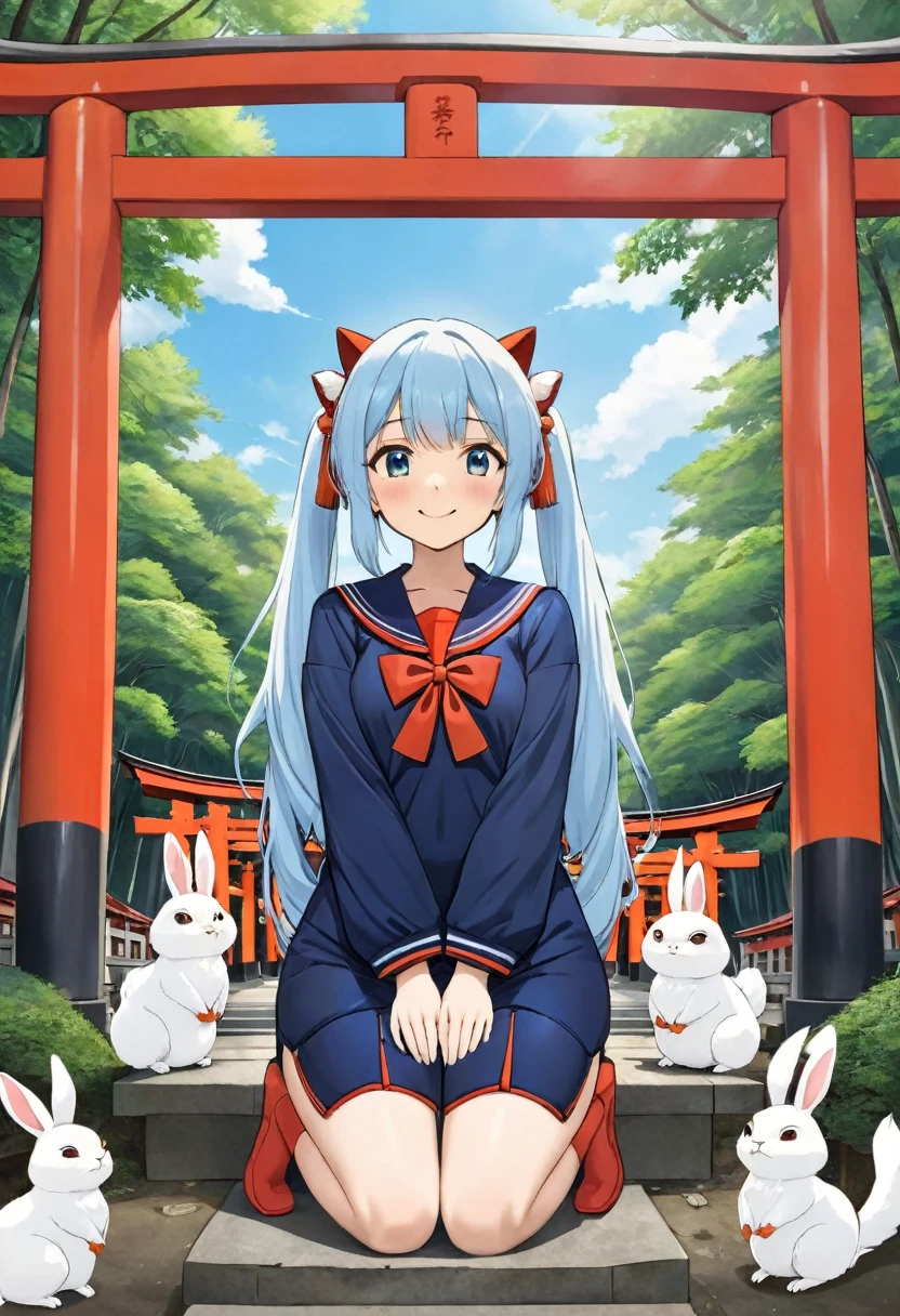 Squirrels and rabbits、white owl flying、Light blue long hair、Beautiful girl with twin tails、Red Torii Gate、A girl prays at a shrine in a forest of fresh greenery,Sailor suit、The girl is depicted large in the center、Bright smile、blue sky、Fushimi Inari Shrine、Many torii gates、