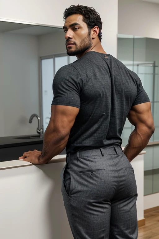 A Hispanic black man with a face that looks like Henry Cavill. black man, His body is muscular and he has a toothed beard.. Big Butt, in a moment of reflection. full body. Fajada shirt, semi formal clothing, grey pants, backside.