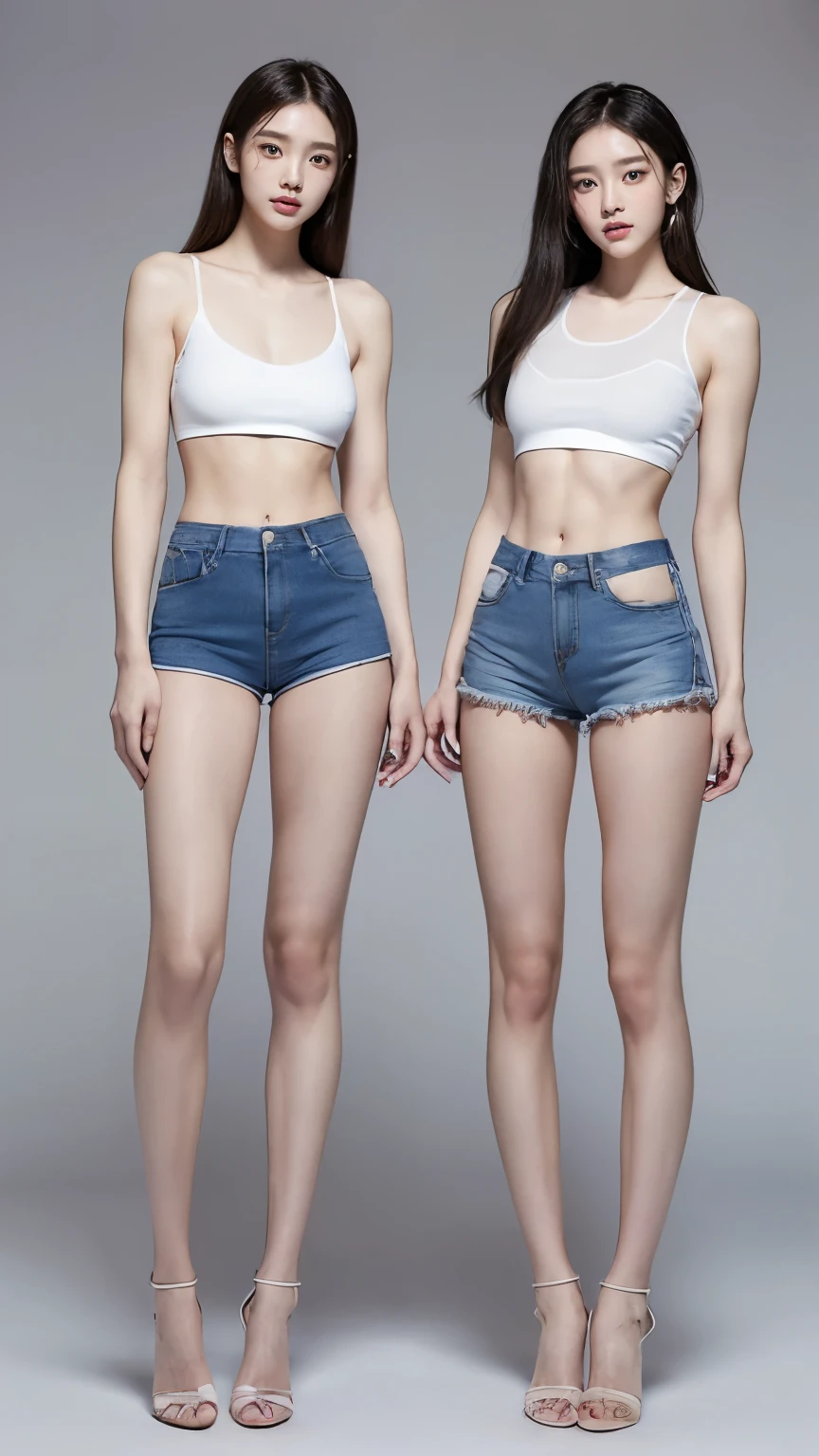 (8K、Raw photo、最high quality、masterpiece:1.5),(((((((Both of them stand with their legs apart:1.9))))))),(((((Both of them have an inseam that is more than half their height.:1.8))))),((Both have bare legs:1.6)),((Both of them are super slim:1.4))，(((((Two girls who look just like WONYOUNG from the k-pop group IVE were photographed:1.9))))),(((They both have super skinny legs:1.6))),(((Both are 173cm tall:1.4))),((Perfect k-pop IVE WONYOUNG style duo:1.4)),(((((Both of them take full body shots:1.8))))),((((Both of you should face your whole body straight ahead.:1.8)))),(((Photographed from below to show the whole body of the legs so that they look longer.:1.7))),Skin irregularities are reproduced in minute detail:1.4, (Super thin waist: 1.2),((超Thin thighs:1.3)), Thin buttocks,Open the navel,１Detailed reproduction of the navel,((Perfect super slim legs:1.3)),(((both of them are the same height:1.3))),(((Both of them have amazingly slim figures.:1.2))),(((Both are wearing micro shorts with a rise of 15cm and an inseam of 1cm.:1.8))),(Both are 16 years old:1.2),((((Both of them are extremely exposed.:1.7)))),(((((Both of them have super-strong abs:1.9))))),((Both of them were wearing short, form-fitting white sports bras.:1.4)),(((Big boobs but no bra:1.4))),(((Both of them had high, erect nipples clearly visible protruding from under their white sports bras.:1.4))),((((Standing in a fashionable theme park on a sunny day:1.4)))),Highly detailed face and skin texture,(Both of you stand with your legs straight and without bending your knees.:1.3),(((They&#39;re both the same height:1.4))),((Both of them look just like WONYOUNG from the K-pop idol IVE.:1.8)), ((((Sunny afternoon:1.3)))),((cute:1.4)),Both are fair-skinned Asians,,Both of them have beautiful eyes,,Both of them have beautiful eyes,,Both of them have beautiful noses, which are realistically reproduced.,Both of them have realistic eyes.,Both have beautiful mouths,((They both have beautiful fingers)),nail,Both of them have beautiful faces.,Both of their beautiful faces are realistically reproduced.,cute,(Ultra-Realistic Details), Natural Shadows,(Very small hips:1.4),Large firm breasts, Super long thighs,(((超Thin thighs:1.2))),(((Super slim calves))),(Both of them have the slender bodies of well-trained track and field athletes.:1.5),(Super muscular body:1.5),Super toned waist,(Super thin waist:1.3),((White high heels:1.2)),lengthen limbs,(((((Shooting the whole body from calf height:1.6))))),(Both of them have slim, toned ankles.:1.2),((((Wide open abdomen:1.5)))),Hands on hips,Both of them face forward,((Both figures have detailed and clear reproduction of the crotch area.)),((Super long legs:1.3)),Thin thighs,((Both of them have bare legs.:1.6)),((Both of them are showing off their legs in a very extreme way.:1.5),((Both of them are showing off their bellies in an extremely extreme way.:1.4),(Black hair ponytail),(Neither of them wears tights or socks.:1.5),((Both of them stand up straight.)),((Keep your hips facing forward:1.5)),2人とも8頭身スタイルBeauty,The ankles are super thin,The arms are very thin and muscular,Make your arms thinner,(((Clearly reproduces the skin texture of the legs down to the finest detail))),Faithfully reproducing the fingers of the hand,(Both of them have super long legs.),(Accurate reproduction of each finger:1.3),(((Each toe is accurately reproduced:1.2))),The middle of the thighs are very thin,(((Clearly reproduces the muscle texture of ultra-muscular and ultra-thin calf skin))),(((超筋肉質な超Thin thighsの肌の筋肉質感を明確に再現する))),(Very tight waist:1.2),((Both of them have an inseam that is more than half their height.の美脚:1.6)),(Extremely thin thighs:1.3),Beauty,Fine skin,Firm skin,(((Both of them should fit from the top of their heads to the toes of their heels.:1.5))),(((They both have super skinny legsの肌を細部まで忠実に再現する))),(Both of them are super muscular and have super thin legs with realistic skin.:1.3),((Realistically reproduces the fine details of toned, slender leg skin:1.3)),((Dazzling Midsummer)),(((Both of them have super-strong quadriceps:1.6))),(((Both of them have extremely well-trained gastrocnemius and soleus muscles.:1.6))),((2人とも超細くてSuper long legs:1.2)),Front lighting,Super detailed, High detail, high quality, Awards,High resolution,(Anatomically correct:1.5)　