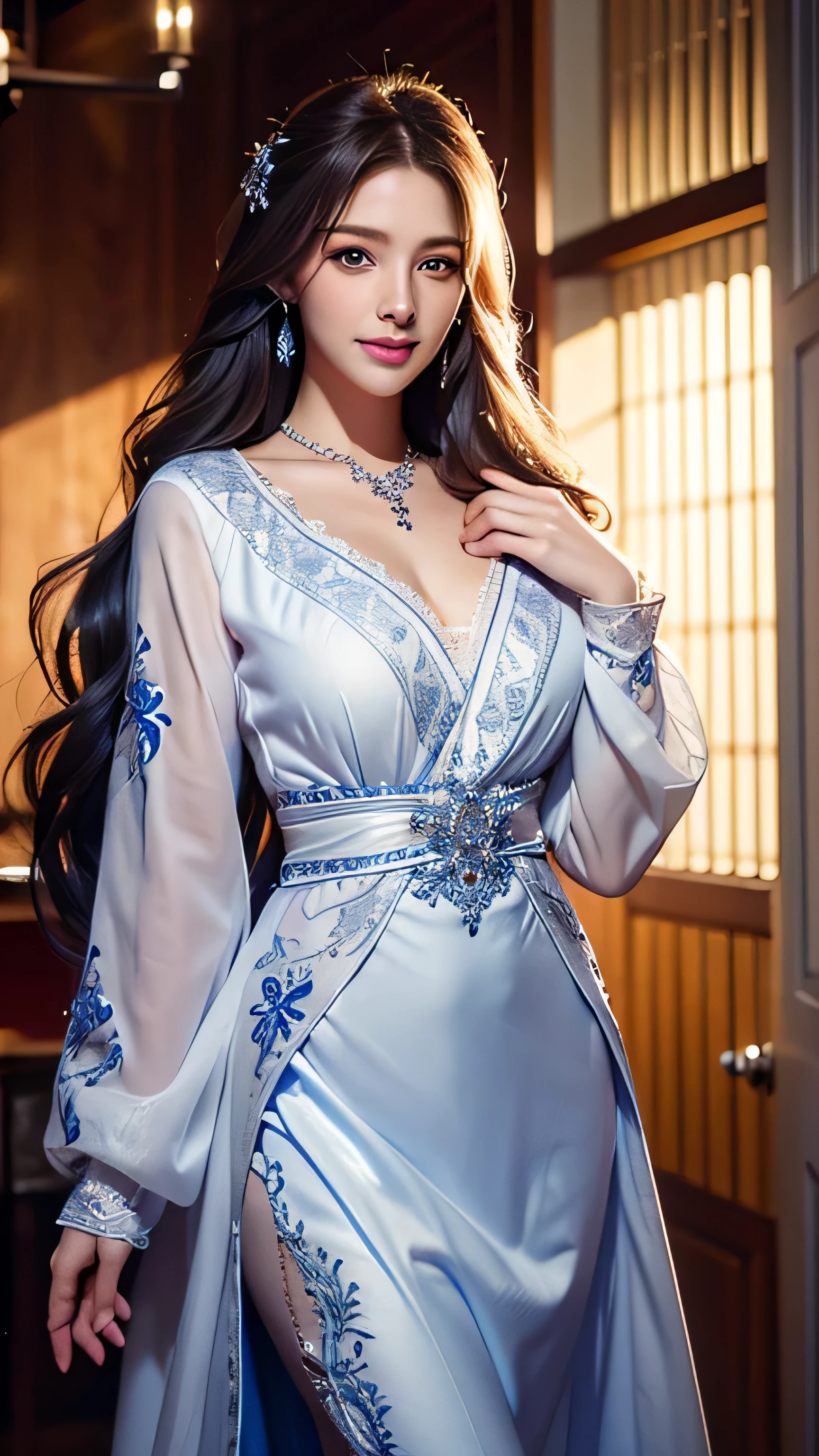 blue eyes、bionde、Full body photo、Sexy Face、Long straight hair_Hair reaching down to the waist、 Complete look、(((masterpiece)))、((Highest quality))、((超Realistic))、Mature woman、Mature woman、perspective、Very detailed、The perfect temptation、Best image quality、Fine-grained image quality、beautiful、Europe, woman, French, woman Italian, Italian, smile、blue eyes、jewelry, blue eyes, Realistic, High resolution, Glowing Skin, (Detailed face),jewelry, , night, bionde, Wavy Hair,Attractive appearance, smile,Flowing white dress decorated with intricate silver embroidery_long sleeve_Thin