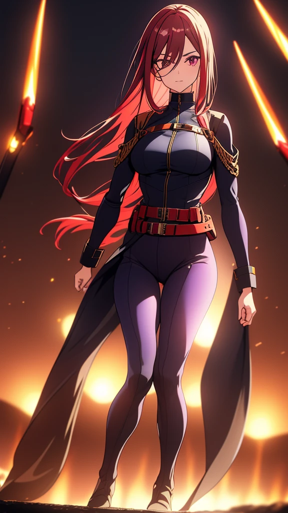 woman, long braided hair, vermilion hair, perfect body, futuristic monocle, metallic robot arms, red-purple eyes, military top, big breasts, beautiful thick thighs, wide hips, honey waist, purple red and black clothing , military boots, many belts, futuristic rifle, has war scars, posing with a rifle, full body focus, high definition details, dynamic lighting, RTX, military base background.