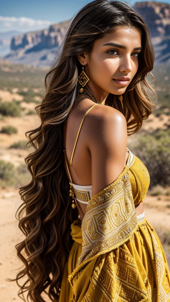 1girl in, age19, Solo, Aesthetic artwork, a beautiful Algerian Kabyle girl, wavy light brown hair, Kabylian jewelry, Kabylian hair style, shoulder length hair, beautiful Berber Kabyle face, light brown-green eyes, fair skin, thin face, runners body, wearing a traditional Berber Kabyle dress, (textured skin, skin pores:1.1), goosebumps, seductive pose, (outdoor:1.1), Djurdjura National Park in the background, sunny, natural light, Nikon Z8 + NIKKOR Z 24-120 mm f/4 S