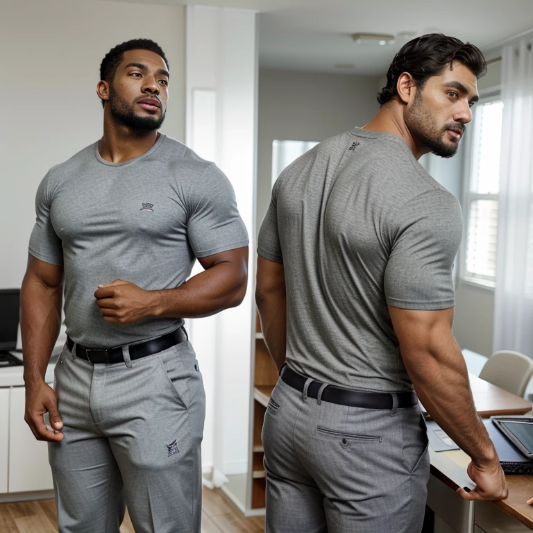 A Hispanic black man with a face that looks like Henry Cavill. black man, His body is muscular and he has a toothed beard..  Big Butt, in a moment of reflection. full body. Fajada shirt, semi formal clothing, grey pants, backside. 