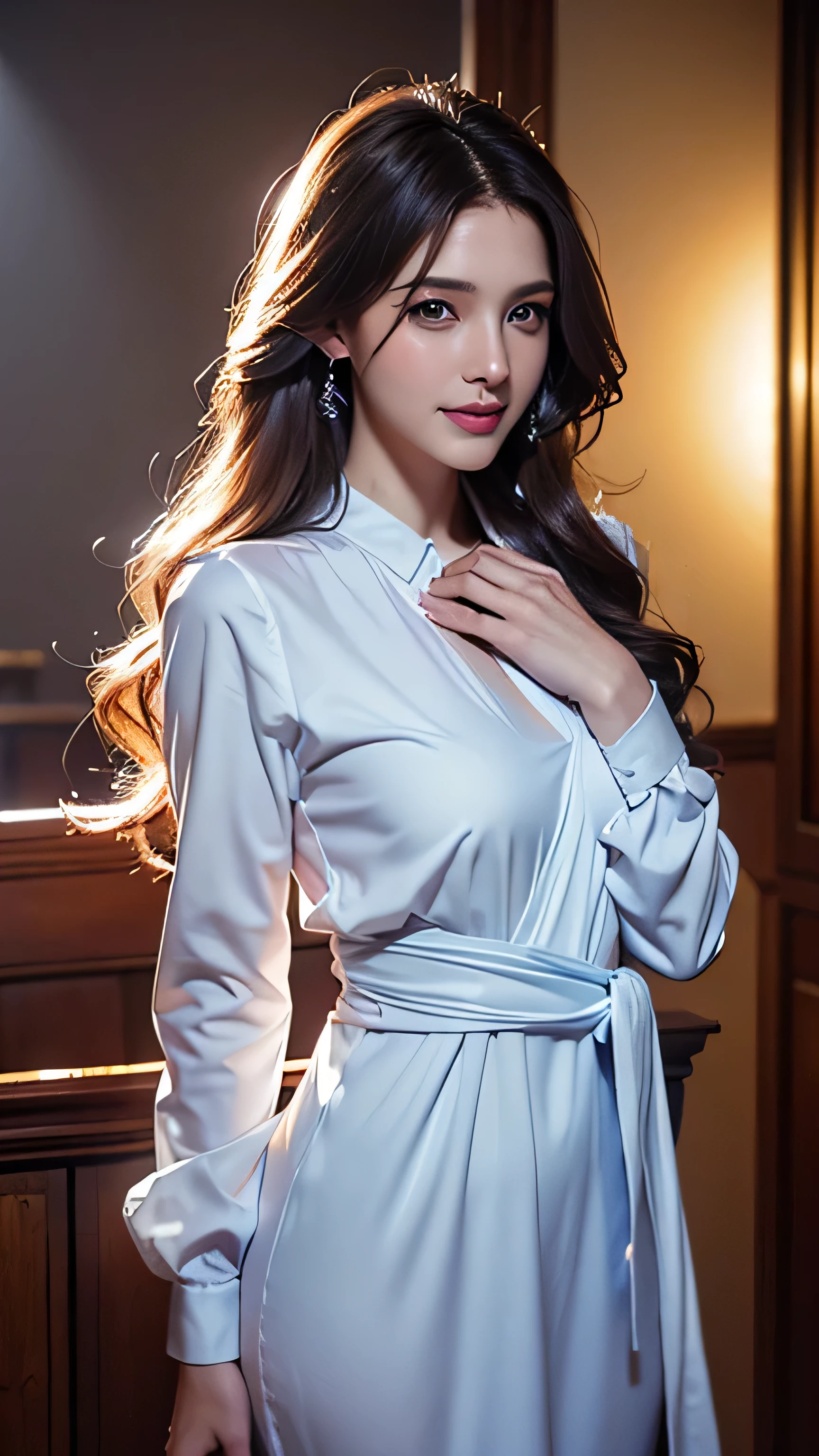 blue eyes、bionde、Full body photo、Sexy Face、Long straight hair_Hair reaching down to the waist、 Complete look、(((masterpiece)))、((Highest quality))、((超Realistic))、Mature woman、Mature woman、perspective、Very detailed、The perfect temptation、Best image quality、Fine-grained image quality、beautiful、Europe, woman, French, woman Italian, Italian, smile、blue eyes、jewelry, blue eyes, Realistic, High resolution, Glowing Skin, (Detailed face),jewelry, , night, bionde, Wavy Hair,Attractive appearance, smile,wearing a white shirt mini dress_long sleeve_wrap dress,Place your left hand gently on your chin,right hand holding chest,from below