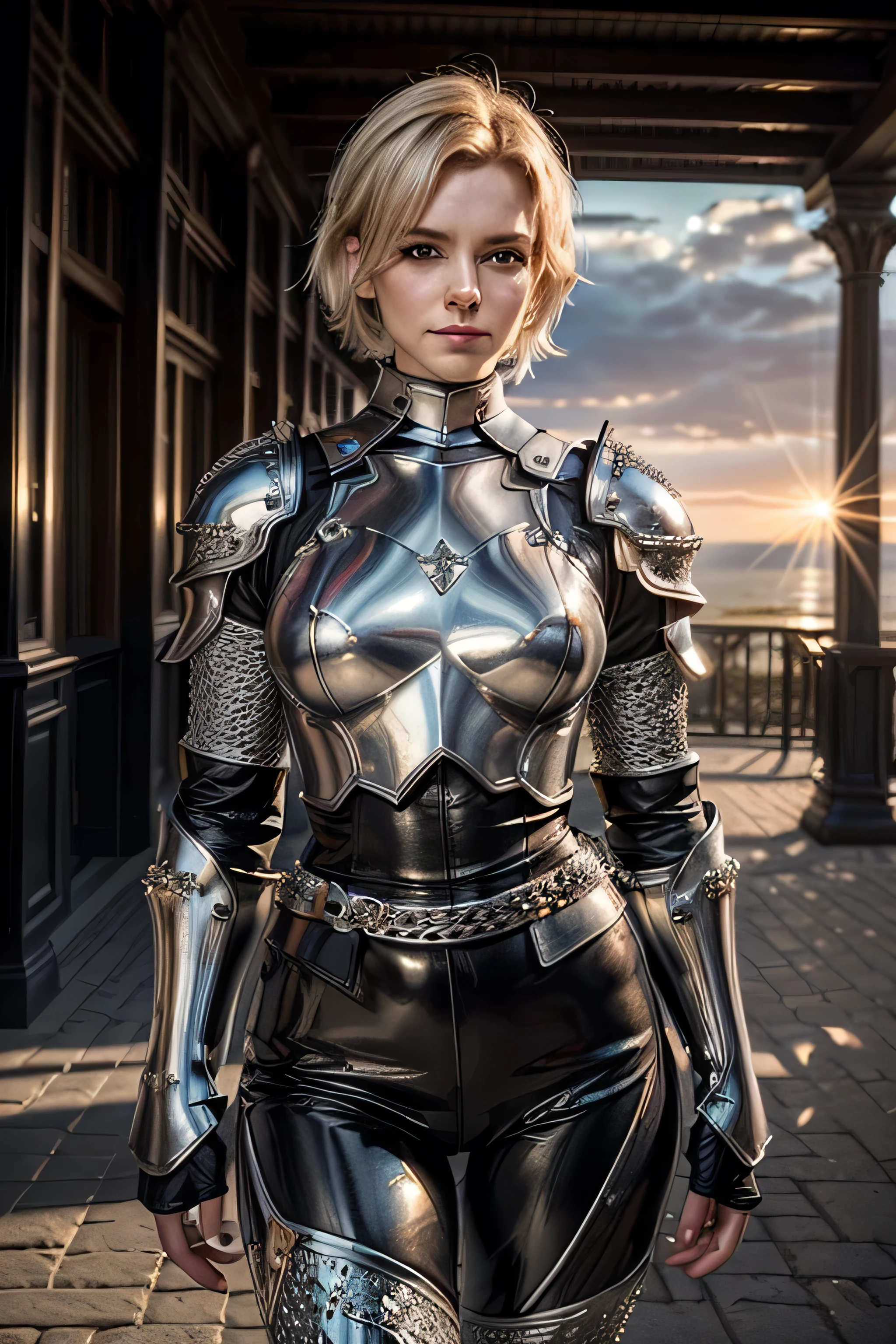 (masterpiece, photorealistic:1.4, extremely intricate:1.3), (photon mapping, radiosity, physically based rendering, ultra resolution, hyper-realistic, photorealistic:1.4, hyper-realistic, 8K), muscular girl, ((Sumptuous armor from the late Renaissance, black chrome perfectchainmail armor:1.4, black leather pants, (long eyelashes, fullbody photograph, sword raised), smirking, serious)), metal reflections, outdoors, intense sunlight, far away castle, (blonde pixie hair, dynamic pose), sharp focus, dramatic, award winning, cinematic lighting, (film grain, bokeh, interaction, sunrise)