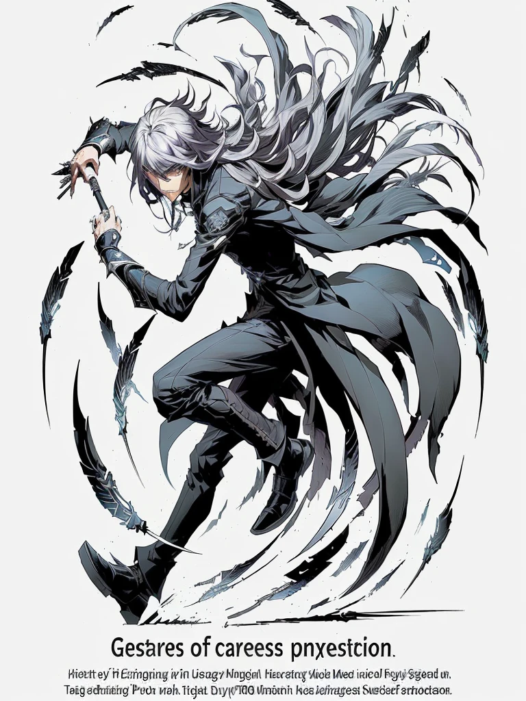 a drawing of a man with long hair and a sword, official illustration del personaje, of the cryptic academy, personification of greed, gesture, shigenori soejima illustration, this character has cryokinesis, expressive pose, official illustration, inspired by Ib Eisner, powerful male scarecrow, advanced digital anime art, Danganronpa digital art