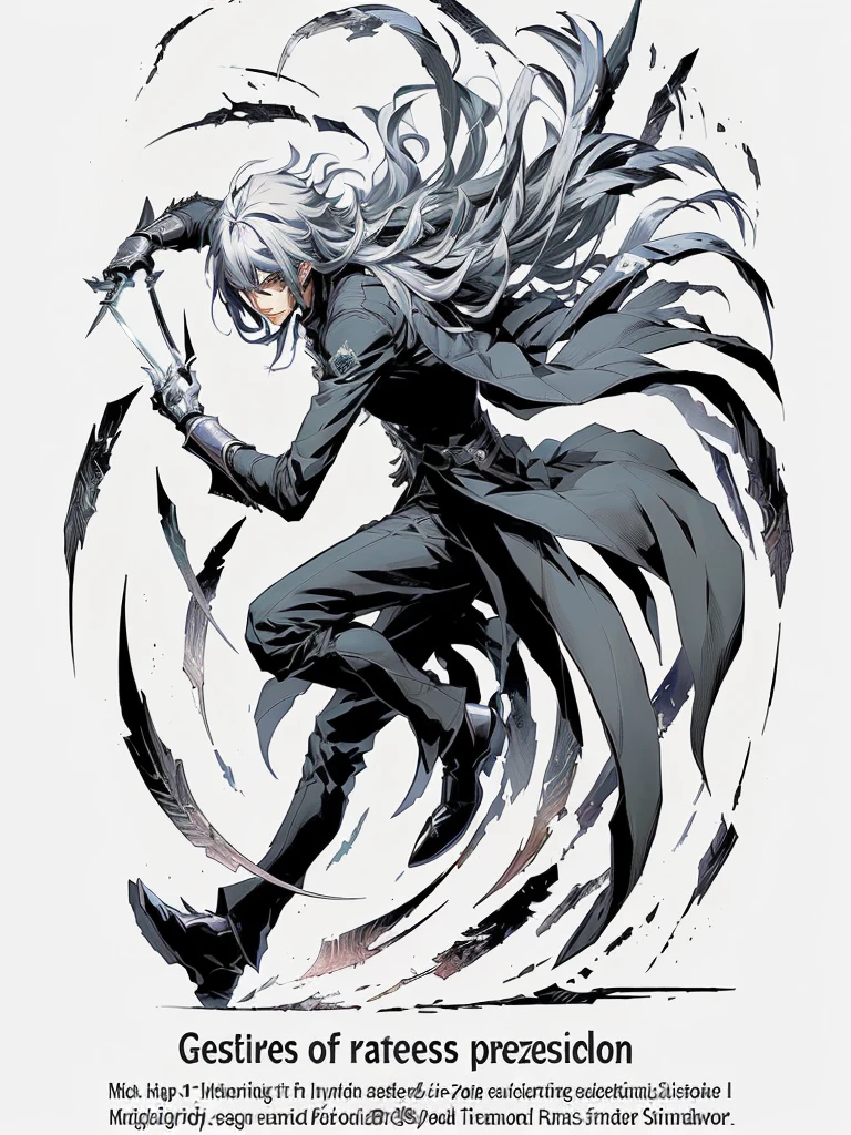 a drawing of a man with long hair and a sword, official illustration del personaje, of the cryptic academy, personification of greed, gesture, shigenori soejima illustration, this character has cryokinesis, expressive pose, official illustration, inspired by Ib Eisner, powerful male scarecrow, advanced digital anime art, Danganronpa digital art
