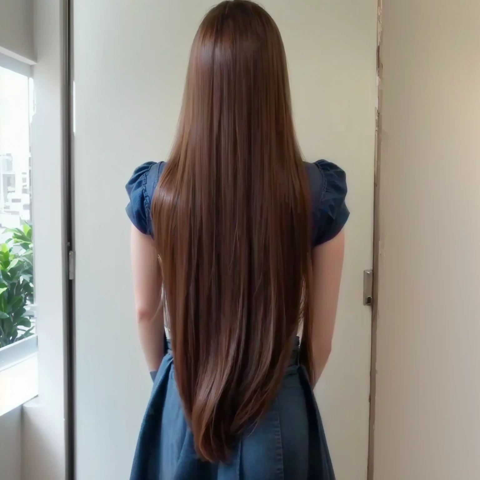 A woman with long brown hair standing in front of a window, long straight hair, long hair, hair down to waist, hair parted in the middle, extremely long hair, her hair is long and straight, woman with long hair, very long hair, full head of hair, girl with long hair, hair down to waist, long brown hair, very long hair, long brown hair shining in the sunlight, shimmering hair, (best quality,4k,8k,highres,masterpiece:1.2),ultra-detailed,(realistic,photorealistic,photo-realistic:1.37),studio lighting,extremely detailed eyes and face,long eyelashes,beautiful detailed lips,beautiful detailed eyes,elegant,peaceful expression,long brown hair cascading over shoulders,natural lighting,warm color tone,cinematic lighting