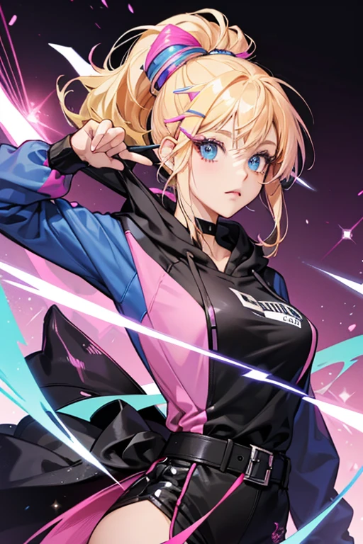 She has yellow hair, with pink streaks, and hair clips, along with it being tied up into two half knots. She has a gamer-styled tail, being the end of it is a game controller. It also is pink with some liens and a hanging belt. She wears minimal makeup with blue eyeliner, and sparkly eyeshadow.

She wears a two-piece top, that consists of a pink undershirt and a black hoodie. She doesn’t wear that much accessories. She also plays finball, on the Electrics team. Her uniform consists of a navy blue top, with the Electrics logo on it. SPARKLE; GLITTER