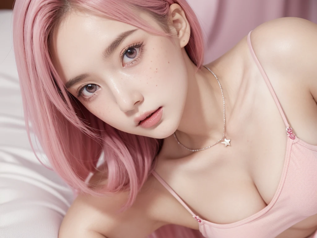 Raw foto, Photorealistic, s whole body, detailed background, Detailed face, Detailed Eyes, Detailed hair, All renders, super details, Anatomically accurate., high detailed, High Quality, Best Quality, high resolution, 8K, Masterpiece,White shirt,On the bed, cute girl short pink hair, with two bows on each side of the hair, all her hair short pink , with a star clip in her pink hair, light colored eyes, pretty eyes, crying eyes, pretty, upturned nose, watery nose, Pretty lips, pink lips, heart and cupid shaped lip, pretty skin, pale, White skin, with moles and freckles all over his face, soft pink blush on the cheeks, natural pink blush, soft pink makeup, Jennie, nice neck, marked collar, frown, tender look, with a kiss necklace, a pretty kiss necklace, similar to Yumeko Jabami, while wearing a Crochet YK2, woolen, with a YK2 style brown mini skirt, , while having a bare abdomen, Delgado, marked and pretty, (big breasts, soft breasts, nice breasts), while she is cosplaying the character Yumeko Jabami, The anime Kakegurui, looking to the camera, autophoto, beautiful selfie