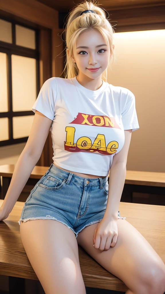 Tabletop、Highest quality、figure、 Super detailed、High resolution、8k wallpaper、Perfect dynamic composition,、Big and beautiful eyes、suit、Blonde、Blonde Hair、High Ponytail(Beautiful big breasts:1.3)、Natural color lip、Bold sexy poses、smile、20-year-old girl、cute、セクシー shot looking at camera、Shorts、Beautiful Siri、T-Shirts.Pat on the chest、M-shaped legs、I can see your pants