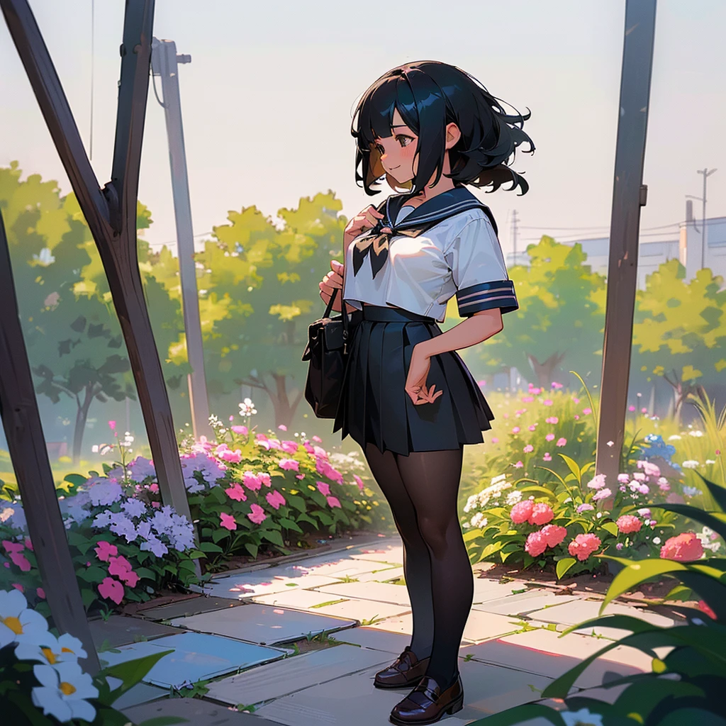 (Highest quality, High resolution, Super detailed, Realistic:1.37), Peaceful atmosphere, (Outdoor, garden), Teenage girl standing alone,(my breasts are big.),Beautifully detailed features, Cute Smile, ((Black bob hair)),Short-sleeved sailor uniform, Pleated skirt,Black tights,Brown leather shoes.