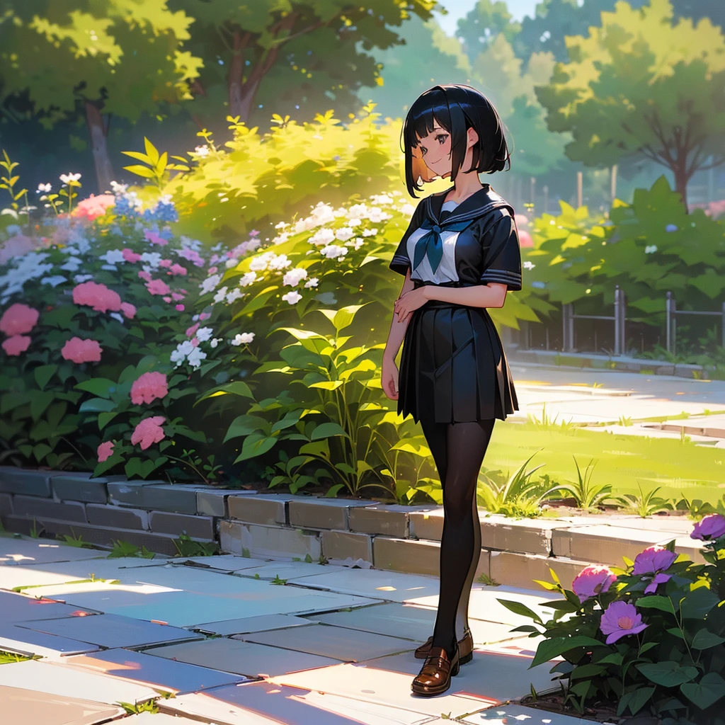 (Highest quality, High resolution, Super detailed, Realistic:1.37), Peaceful atmosphere, (Outdoor, garden), age girl standing alone,(my breasts are big.),Beautifully detailed features, Cute Smile, ((Black bob hair)),Short-sleeved sailor uniform, Pleated skirt,Black tights,Brown leather shoes.