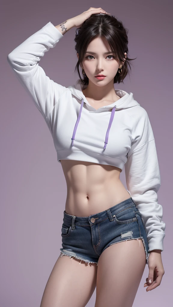 ((8K resolution))、((Highest quality))、((masterpiece))、((Very detailed))((((dramatic))), (Anatomically correct)、The depth of the object being written、Looking at the camera、One person、One personのJK、front、A slim but muscular body, Toned arms, Long, slender legs, Small breasts、Athletic Presence,(Drill Hair)、Gold earrings、Purple eyes、Half closed eyes / Bad mood 、tattoo、(theme、whole body:1.1), Micro Shorts , hoodie、White Background