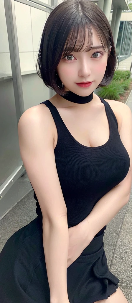 (realistic, high resolution:1.3), (face close up), 1 girl with perfect figure, super fine face and eyes, black hair,short hair, tank top: 1.2 in random colors, short、skirt, bridge, big breasts, cleavage, choker, smile