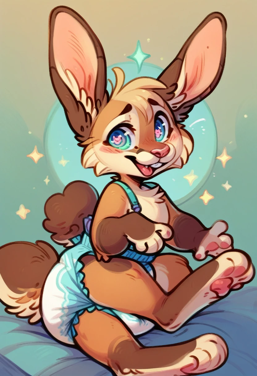 A brown bunny with swirl eyes and a full diaper