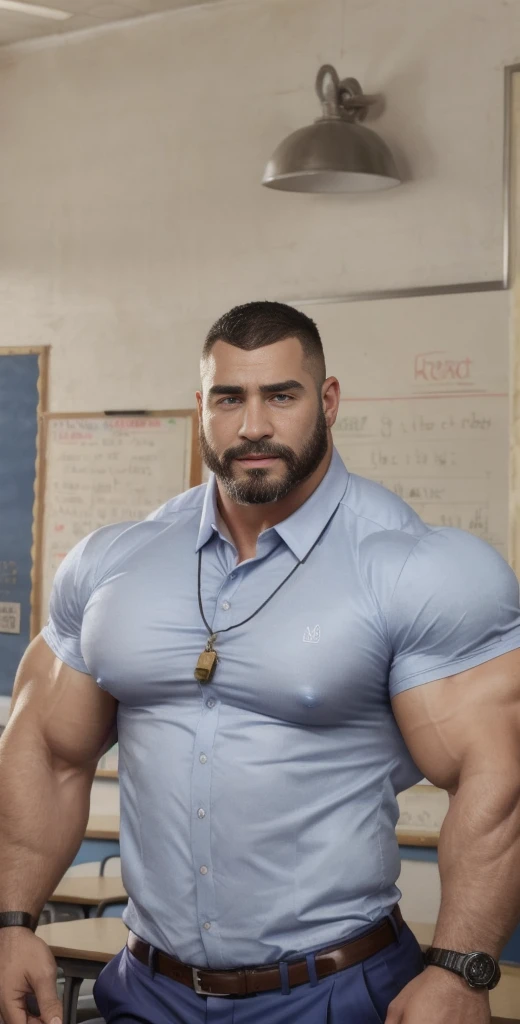 Buzz cut , Arafed stud, blue suit and tie, teacher , classroom , hyper muscular , big pecs , whistle, coach, beard, swollen, tight shirt, big pectorals,