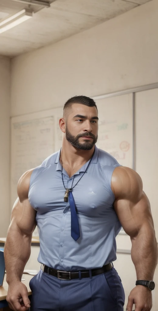 Buzz cut , Arafed stud, blue suit and tie, teacher , classroom , hyper muscular , big pecs , whistle, coach, beard, swollen, tight shirt, big pectorals, 