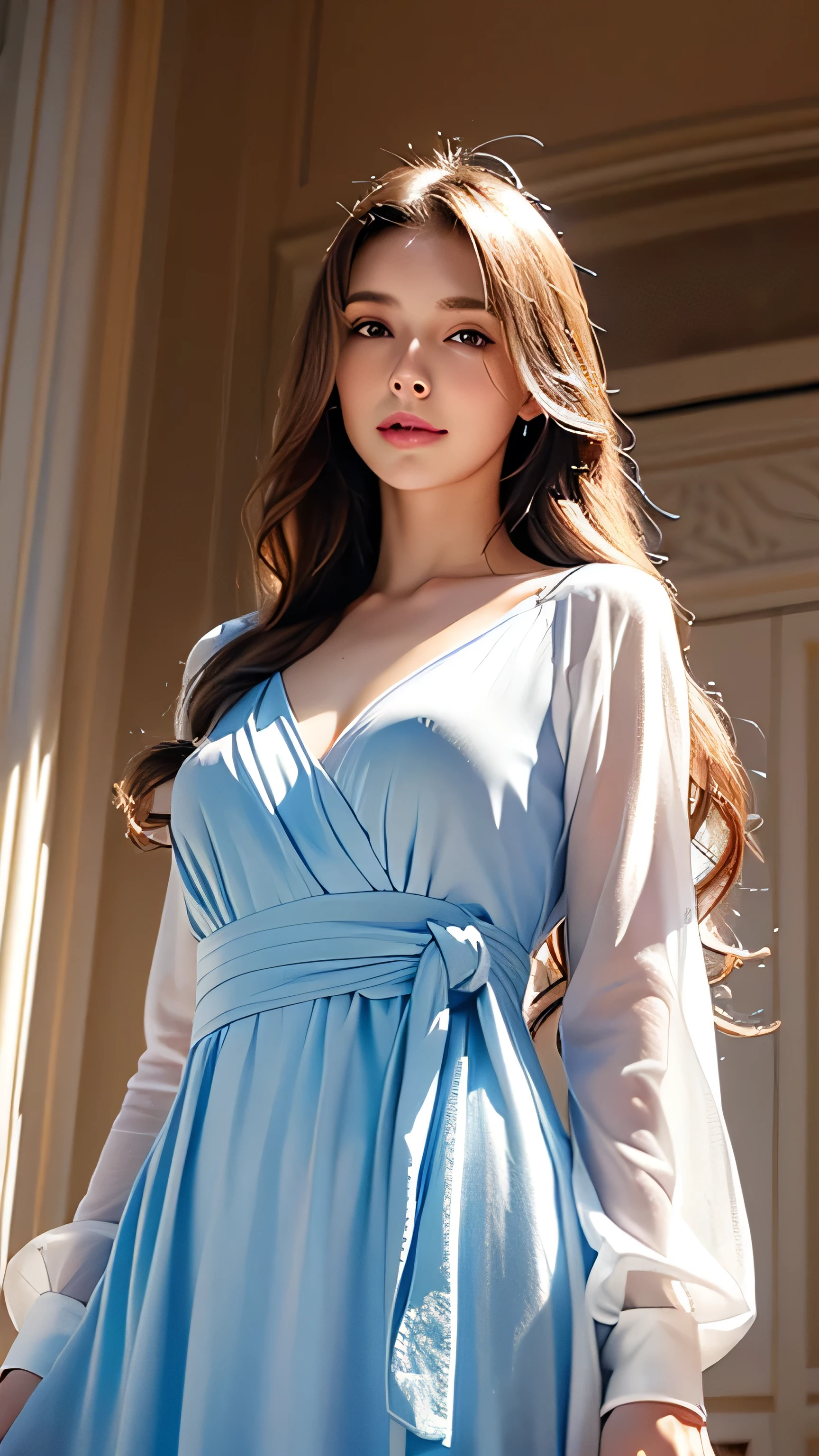 blue eyes、bionde、Full body photo、Sexy Face、Long straight hair_Hair reaching down to the waist、 Complete look、(((masterpiece)))、((Highest quality))、((超Realistic))、Mature woman、Mature woman、perspective、Very detailed、The perfect temptation、Best image quality、Fine-grained image quality、beautiful、Europe, woman, French, woman Italian, Italian, smile、blue eyes、jewelry, blue eyes, Realistic, High resolution, Glowing Skin, (Detailed face),jewelry, , night, bionde, Wavy Hair,Attractive appearance, smile,wearing a white shirt mini dress_long sleeve_wrap dress,Place your left hand gently on your chin，right hand holding chest,((look down at the viewer,from below:1.5)),