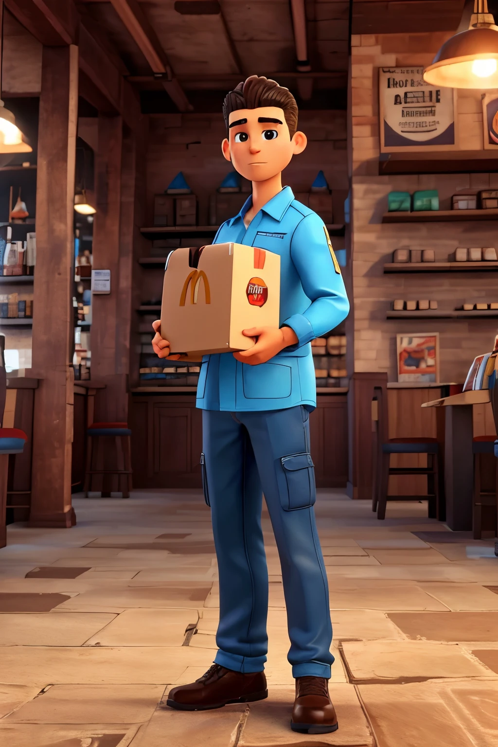 ((Best Quality)), (detailed), man, heavy boxes, Bodega, working, uniform, mcdonalds