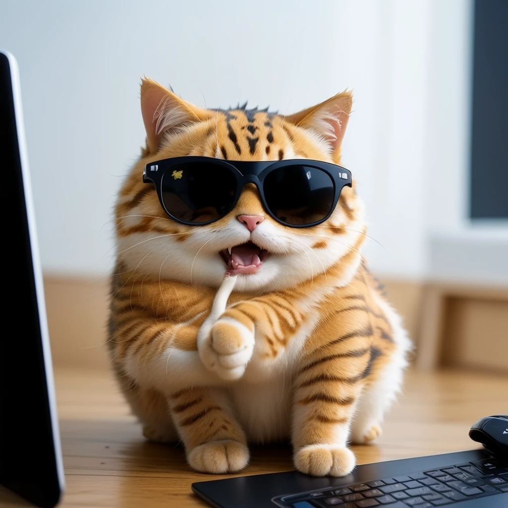 1cat real fur, realistic, amazing photo, uhd, 4K, hyper realism, cool cat with sunglasses, highres, extremely detailed, vivid colors, photo-realistic, studio lighting, physically-based rendering, no-human, CGI