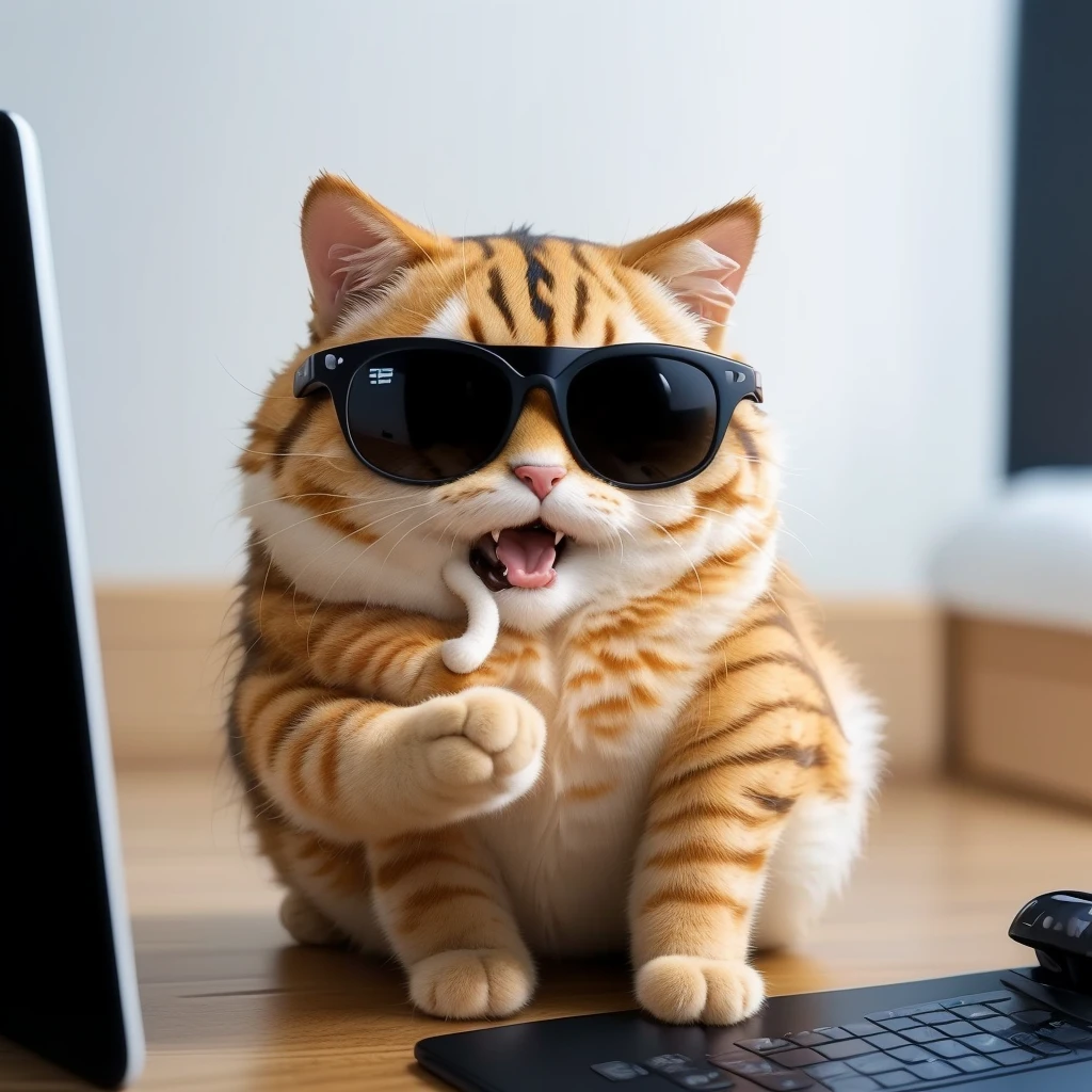 1cat real fur, realistic, amazing photo, uhd, 4K, hyper realism, cool cat with sunglasses, highres, extremely detailed, vivid colors, photo-realistic, studio lighting, physically-based rendering, no-human, CGI
