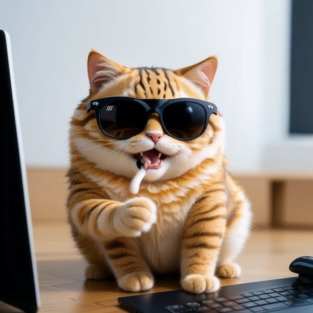 1cat real fur, realistic, amazing photo, uhd, 4K, hyper realism, cool cat with sunglasses, highres, extremely detailed, vivid colors, photo-realistic, studio lighting, physically-based rendering, no-human, CGI
