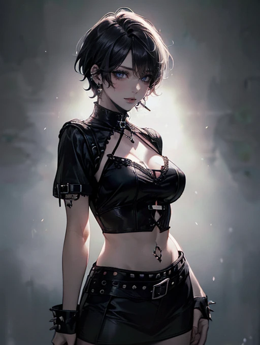(masterpiece:1.2, highest quality), (realistic, photorealistic:1.4), beautiful illustrations, (natural side lighting, movie lighting),
looking at the viewer, Upper body, (Front view), 1 girl, perfect face, Cute symmetrical face, shiny skin, baby face, long eyelash, (large breasts), (wide hips:1.5),short cut hair,
beautiful hair, beautiful face, detailed and beautiful eyes, beautiful body, beautiful breasts, beautiful thighs, beautiful feet, beautiful fingers,
(beautiful scenery),(cute smile:1.3, upper eye), 18yo,pale skin,a woman in black corset and goth hair, with piercings, 1girl, solo, black hair, short hair, ring,(pierce:1.5),(punk style:1.5),(gothic dress),(black lips:1.7),side layered skirt,black bra,(gulp down blood from one's mouth:1.2)