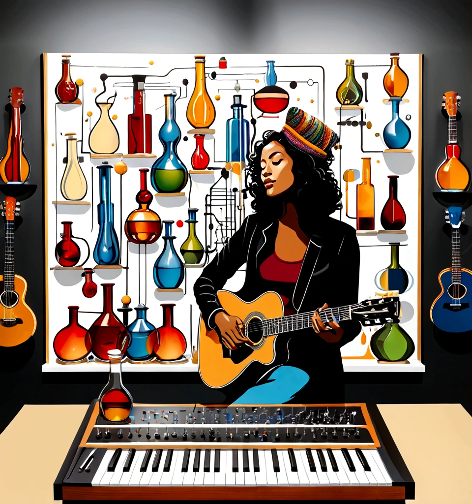 Masterpiece; Guitars and drums in a small science lab(((several science bottles around the room))); (guitars and musical keyboards inside science bottles) World map on the wall. sciencie complete with speakers and glass flasks of chemistry, embody the resilience and tenacity of the scientific community, infused with a bold graphic allure that enlivens the spirit of science. The design penetrates layers of depth, integrating the raw essence and vibrant cores of Rio de Janeiro culture.portrait of a beautiful woman on the wall. Brushstrokes that incorporate the fluid energy of graffiti on guitars and acoustic guitars weave around dynamic geometric shapes, adorning the laboratories with an evocative masterpiece that speaks to the heart of the intersection between two diverse worlds. Majestically rendered in high definition and vibrant color, every detail bursts with life, inviting viewers to marvel at the beauty that; by Salvador Dali
