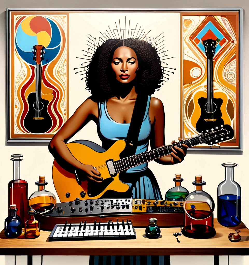 Masterpiece; Guitars and drums in a small science lab(((several science bottles around the room))); (guitars and musical keyboards inside science bottles) World map on the wall. sciencie complete with speakers and glass flasks of chemistry, embody the resilience and tenacity of the scientific community, infused with a bold graphic allure that enlivens the spirit of science. The design penetrates layers of depth, integrating the raw essence and vibrant cores of Rio de Janeiro culture.portrait of a beautiful woman on the wall. Brushstrokes that incorporate the fluid energy of graffiti on guitars and acoustic guitars weave around dynamic geometric shapes, adorning the laboratories with an evocative masterpiece that speaks to the heart of the intersection between two diverse worlds. Majestically rendered in high definition and vibrant color, every detail bursts with life, inviting viewers to marvel at the beauty that; by Salvador Dali